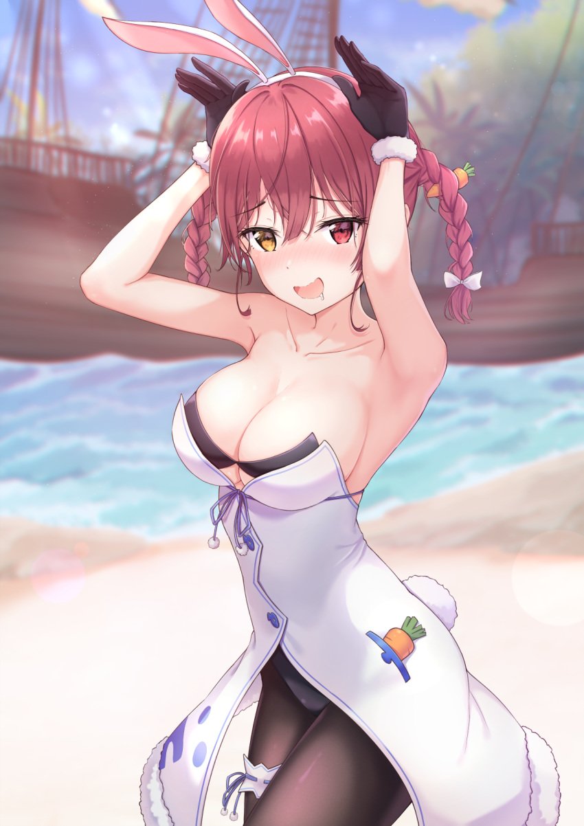 1girls armpits arms_above_head arms_up beach black_gloves black_legwear black_pantyhose blue_sky blurred_background blurry_background blush blush_face blush_lines blushed_face blushing_at_viewer blushing_face blushing_female braid braided_hair braided_pigtails braided_twintails breasts bunny_ears busty busty_female busty_girl cleavage clouds coast collarbone day daylight daytime dot_nose elbows embarrassed embarrassed_expression embarrassed_female female female_focus female_only fingers gloves groin hair_between_eyes hair_ornament hair_ornaments hairband hands_above_head hands_up heterochromia high_resolution highres hololive houshou_marine large_breasts lean_body lean_figure legs legs_together legwear light-skined_female light-skinned light-skinned_female light_skin light_skin_female light_skinned light_skinned_female long_hair looking_at_viewer marinesnow narrow_waist nervous nervous_expression nervous_face nervous_female nervous_smile open_mouth open_mouth_smile outdoor outdoors outside pantyhose parted_lips red_eyes red_eyes_female red_hair red_hair_female sand sea seaside shoulders shy shy_expression shy_smile sideboob sky slender_body slender_waist slim_girl slim_waist solo standing thick_thighs thighs thin_waist tongue topwear twintails twintails_(hairstyle) upper_body usada_pekora_(cosplay) v-line virtual_youtuber vtuber vtuberfanart white-skinned_female white_bunny_ears white_hairband white_skin white_topwear wide_hips yellow_eyes yellow_eyes_female