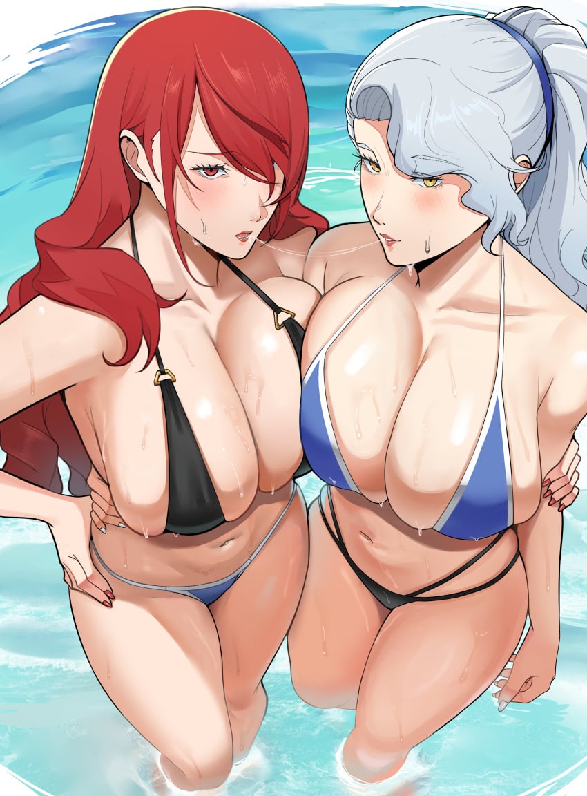 2girls after_kiss asymmetrical_docking beach big_breasts bikini bikini_bottom bikini_top breasts breasts_pressed_together commission commissioner_upload dnumde embarrassed female_only hand_on_hip huge_breasts kissing large_breasts light-skinned_female light_skin lipstick long_hair long_hair_female looking_at_viewer margaret_(persona) megami_tensei mitsuru_kirijo multiple_girls persona persona_3 persona_4 red_eyes red_hair saliva saliva_string saliva_trail silver_hair smiling_at_viewer swimsuit wet wet_body yellow_eyes yuri