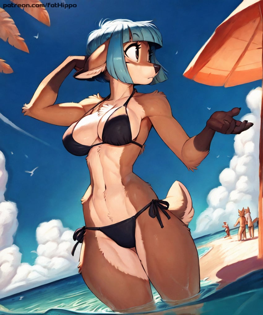 ai_generated background_character bangs beach bikini blue_hair deer deer_girl ears_down fathippo large_breasts looking_away naomi_(fathippo) sand sky swimsuit swimwear thick_thighs