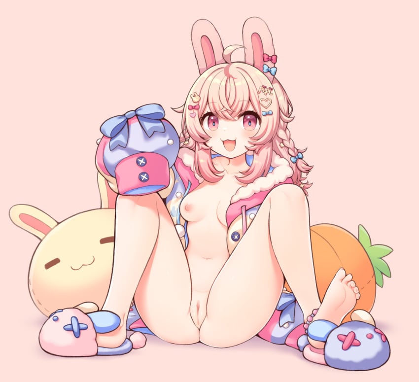 bunny_ears bunny_girl censored cute hoodie legs_apart legs_spread melonfox mostly_nude one_shoe_on phase_connect pink_eyes pink_hair pipkin_pippa pipkin_pippa_(1st_costume) plushie showing_breasts showing_off showing_pussy slippers smile toes virtual_youtuber