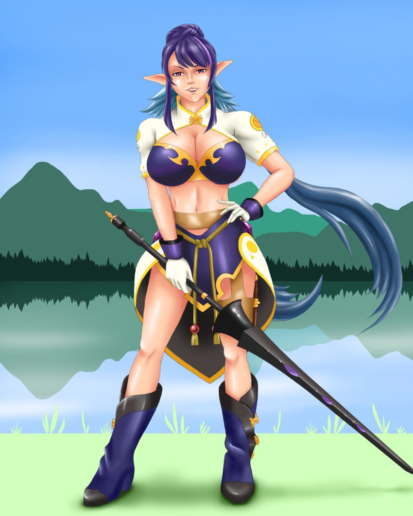 allthefantasies cleavage female female_only fully_clothed gloves holding_object holding_weapon mountain outdoors png pointy_ears revealing_clothes tales_of_vesperia water weapon