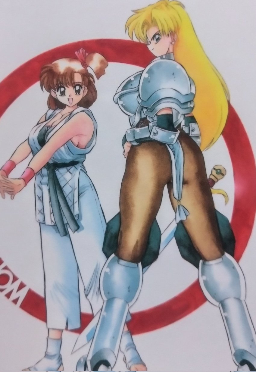 1990s 2girls armor ass big_ass big_breasts blonde_hair blue_eyes breasts brown_eyes busty cleavage confident fat_ass feet female female_only hand_on_hip highres huge_ass janne_d'arc japanese_clothes large_breasts legs long_hair looking_at_viewer looking_back medium_hair multiple_girls open_mouth own_hands_together pants pantyhose pose posing retro_artstyle ryoko_izumo seductive seductive_look sensual sideboob smile snk sword thighs tongue traditional_media voluptuous weapon world_heroes