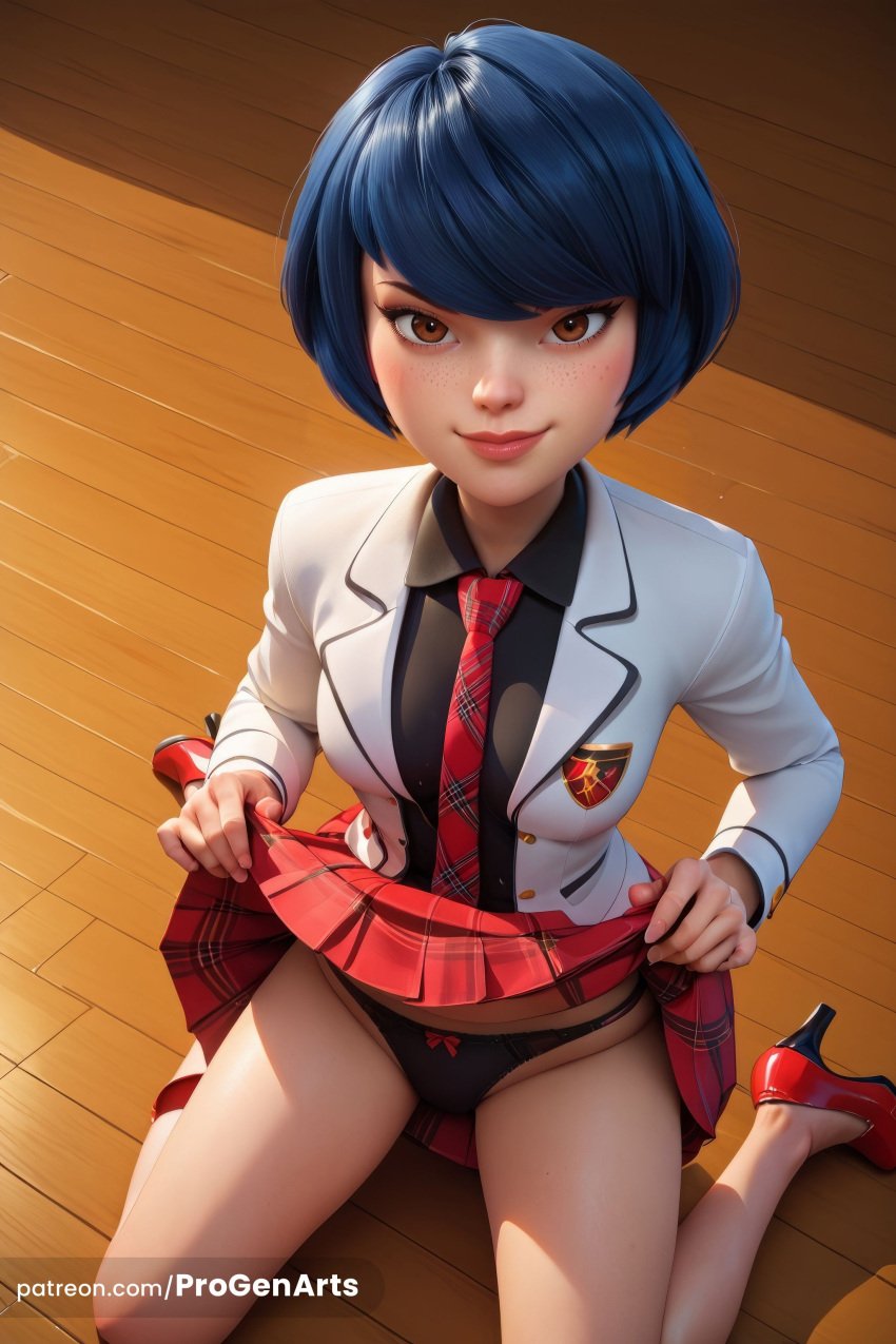 1girls ai_generated artist_name black_hair black_panties black_shirt blazer blue_hair bob_cut bow bow_panties breasts brown_eyes closed_mouth clothes_lift disney disney_channel freckles hi_res high_heels jacket kagami_tsurugi kneeling lifted_by_self lips long_sleeves looking_at_viewer medium_breasts miraculous:_tales_of_ladybug_and_cat_noir miraculous_ladybug necktie panties patreon_username plaid pleated_skirt progenarts red_footwear red_necktie red_skirt school_uniform shirt short_hair sitting skirt skirt_lift smile solo swept_bangs underwear wariza web_address white_jacket wooden_floor