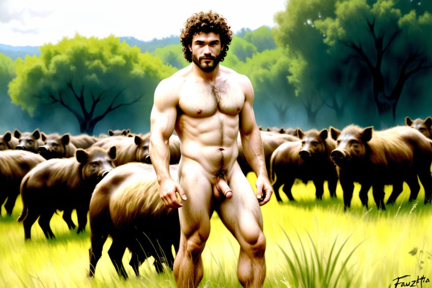 ai_generated chest_hair curly_hair gay male_only man_only meadow muscles naked neolithic_man scruffy_beard swineherd uncut_penis wild_boars