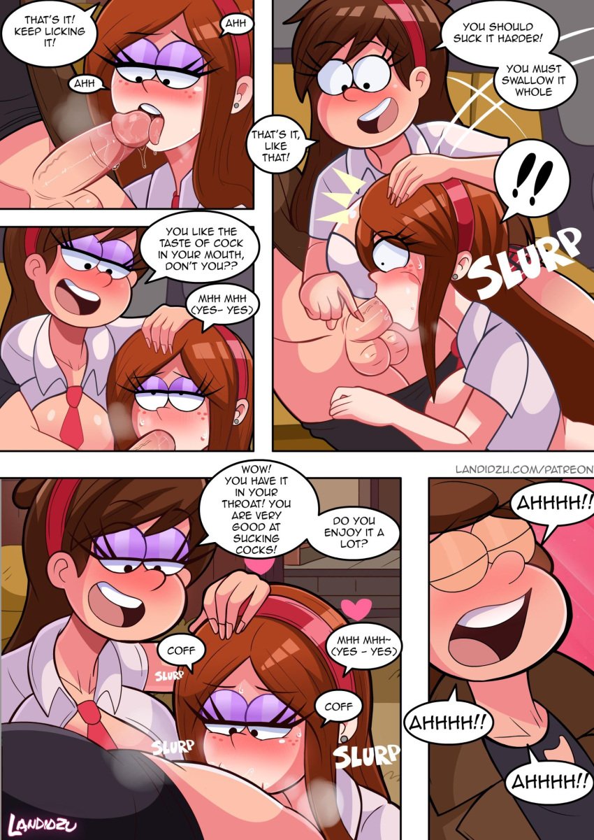 blowjob blush comic dipper_pines disney english_text eyeshadow fellatio freckles gravity_falls hairband landidzu light-skinned_female light-skinned_male mabel_pines oral speech_bubble wendy_corduroy