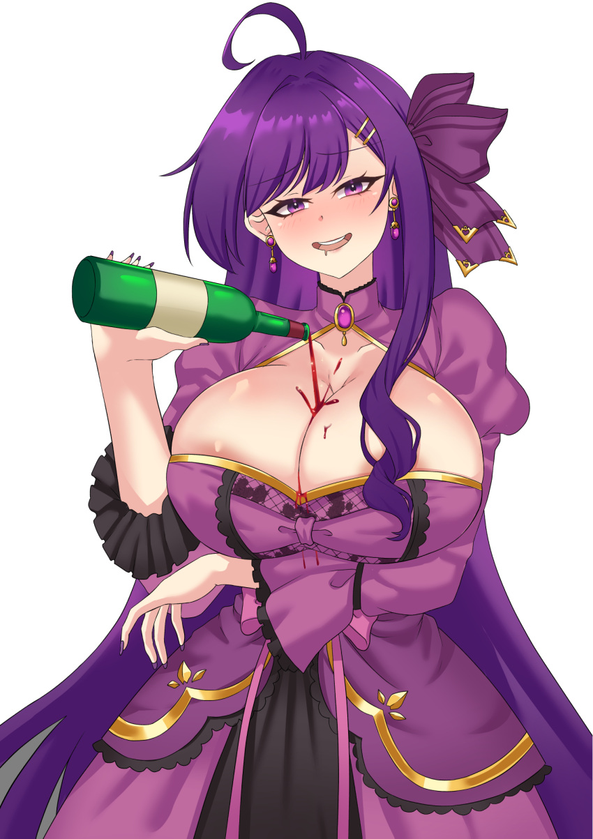 1girls ahoge alternate_breast_size blush bottle breasts cleavage dress drooling earrings enaria_liliales eyebrows_visible_through_hair female female_only hair_ornament hairclips huge_breasts light-skinned_female light_skin nexas_live nose_blush puffywaffles purple_eyes purple_hair solo virtual_youtuber wine wine_bottle wine_on_breasts