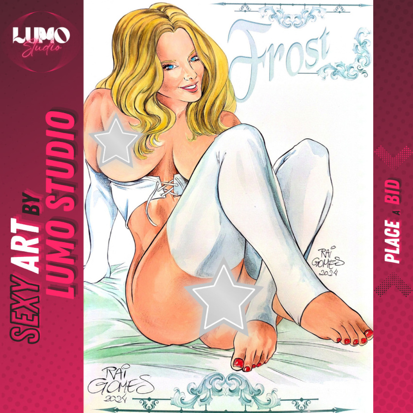 blonde_female blonde_hair blue_eyes censored censored_nipples censored_pussy emma_frost large_breasts lumo_studio marvel marvel_comics rai_gomes white_queen x-men