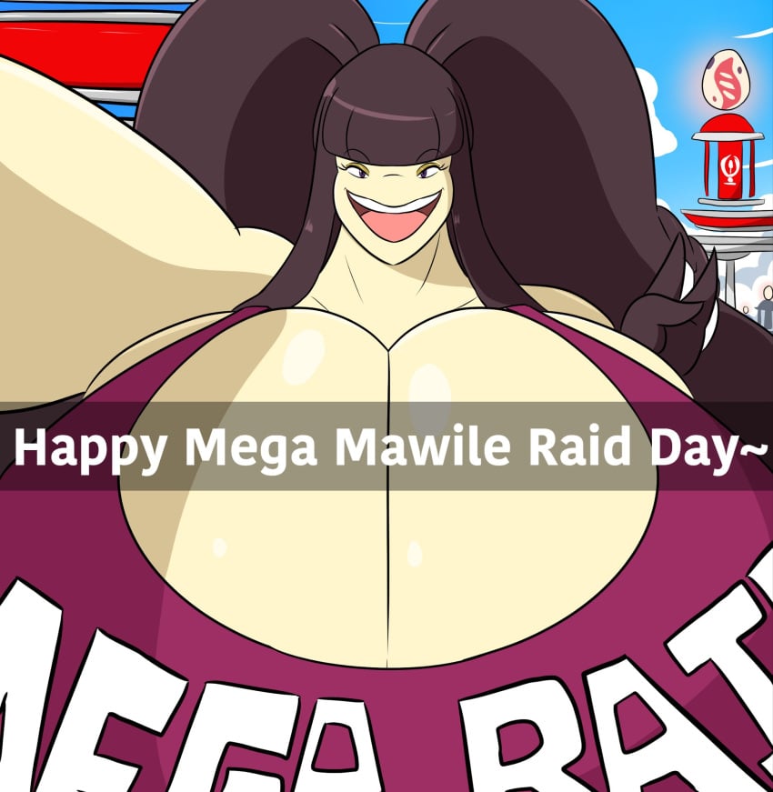 camilla_(igph) cleavage glistening_breasts huge_breasts igphhangout mawile mega_mawile milf open_mouth pokemon selfie tagme text_on_clothing yellow_body yellow_skin