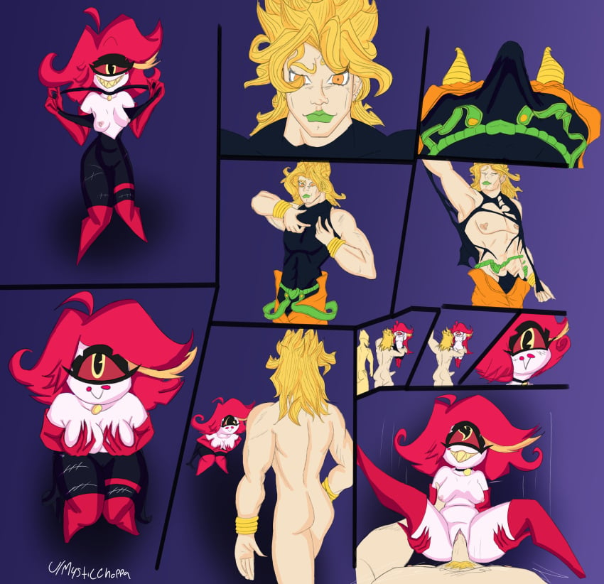 belt clothes crackship crossover dio_brando eastern_and_western_character erection eyeliner green_lipstick hazbin_hotel heart-shaped_pupils holding_breast holding_object jojo's_bizarre_adventure lipstick meme mysticchoppa niffty one_eye orange_eyes pink_hair pov ripped_clothing ripping_clothing sex squeezing_breast vivienne_medrano yellow_hair