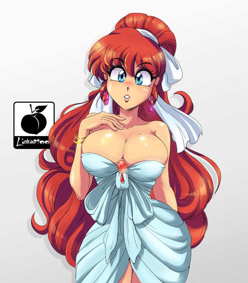 1girls bracelet breasts busty canon_genderswap cleavage clothing dress eyeshadow female female_only genderswap_(mtf) large_breasts linkartoon lipstick makeup ponytail ranma-chan ranma_1/2 ranma_saotome red_hair rule_63 solo voluptuous white_dress