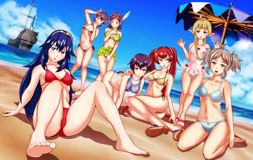 6+girls 7girls ahoge armpits ass barefoot beach bikini black_swimsuit blonde_hair blue_bikini blue_eyes blue_hair blue_sky blue_swimsuit blush braid breasts brown_eyes brown_hair clavicle cleavage cloud covered_navel cynthia_(fire_emblem) elf erect_nipples erect_nipples_under_clothes feet female female_only fingernails fire_emblem fire_emblem_awakening green_bikini green_swimsuit hair_ornament high_resolution hips imo_karubi kjelle_(fire_emblem) knees large_breasts legs long_hair lucina_(fire_emblem) manakete medium_breasts micro_bikini midriff morgan_(fire_emblem) morgan_(fire_emblem)_(female) multiple_girls nah_(fire_emblem) nail navel nintendo nipples noire_(fire_emblem) one-piece_swimsuit open_toe_shoes pink_nails pink_swimsuit polka_dot_bikini purple_eyes purple_hair purple_swimsuit red_bikini red_eyes red_hair red_swimsuit sand sandals sarong severa_(fire_emblem) ship short_hair sky small_breasts smile sports_bikini spread_legs string_bikini swimsuit take_your_pick thong tied_hair twin_braids twintails umbrella very_long_hair water watercraft worried yellow_bikini yellow_swimsuit