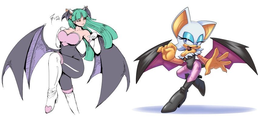 2d 2girls anthro big_breasts breasts collaboration cosplay costume_switch crossover darkstalkers female female_only green_hair head_wings large_breasts long_hair mobian mobian_(species) mobian_bat morrigan_aensland morrigan_aensland_(cosplay) multiple_artists multiple_girls novika outfit_swap rouge_the_bat rouge_the_bat_(cosplay) sega sonic_(series) sonic_adventure_2 sonic_the_hedgehog_(series) staryscythe succubus swapped_clothes wings