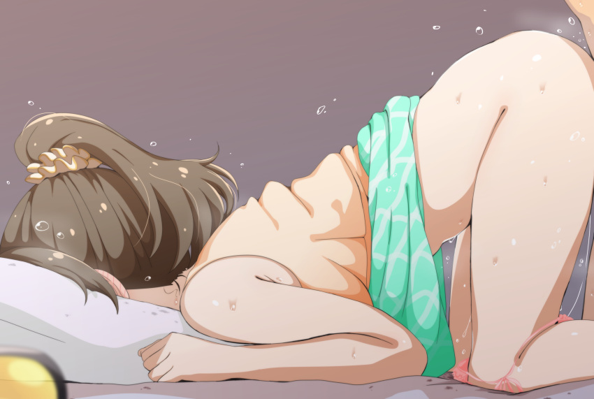 1boy aqua_skirt bare_arms bare_shoulders bed_sheet blush breasts brown_hair ear_blush female from_side hair_ornament hair_scrunchie highres hori_yuuko idolmaster idolmaster_cinderella_girls long_hair medium_breasts panties panty_pull pillow pink_panties ponytail purple_background scrunchie sex shirt simple_background skirt skirt_lift sleeveless sleeveless_shirt solo_focus straight sweat top-down_bottom-up underwear wasabi_(nmrw4477) yellow_shirt