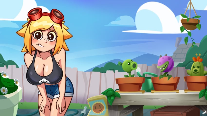 anthro belly belly_button big_breasts blonde_female blonde_hair blush breasts cleavage gijinka goggles goggles_on_forehead goggles_on_head human humanoid jeans lykan_starlight plant plant_girl plant_humanoid plants_vs_zombies pvz short_hair short_shorts shorts smile solar_flare_(pvz) tagme tank_top