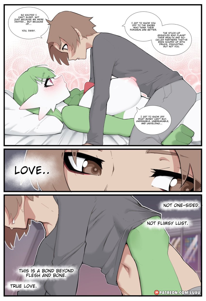 1boy 1girls anthro areolae big_breasts blush breasts brown_eyes brown_hair comic daisy_(luxurias) dialogue english_text female gardevoir generation_3_pokemon green_hair hi_res human light_skinned_male looking_at_each_other luxurias lying lying_on_back lying_on_bed male male_on_top nintendo nipples pink_eyes pokemon pokemon_(species) speech_bubble wholesome