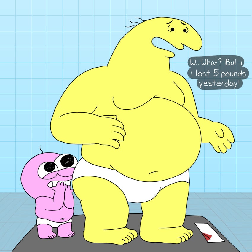 adult_swim belly cartoon_network charlie_(smiling_friends) chubby fat giggle giggling looking_down male_only pim_(smiling_friends) pink_skin smiling_friends text text_box tummy underwear weight_scale wolfox90210 yellow_skin