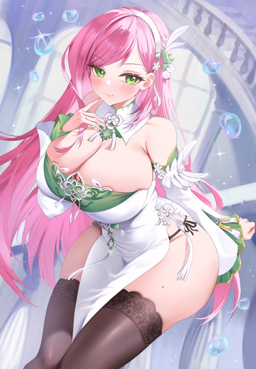 absurd_res blush cleavage commission dress female_only green_eyes hairband huge_breasts leaning_forward long_hair looking_at_viewer pink_hair smile solo thighhighs zzo_(chorizzzzo)