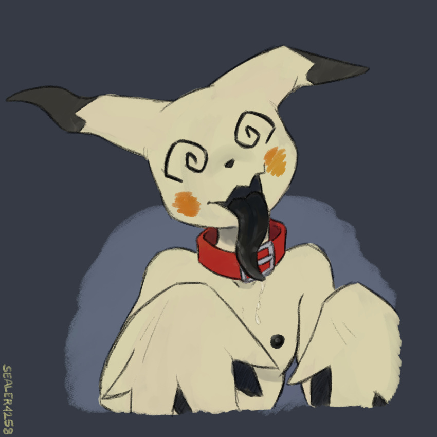 2024 anthro areola bodily_fluids breasts collar collar_only female front_view generation_7_pokemon hi_res looking_at_viewer mimi_(llyanatherasll) mimikyu nintendo nipples nude pokemon pokemon_(species) saliva sealer4258 simple_background small_breasts solo spiral_eyes tongue tongue_out