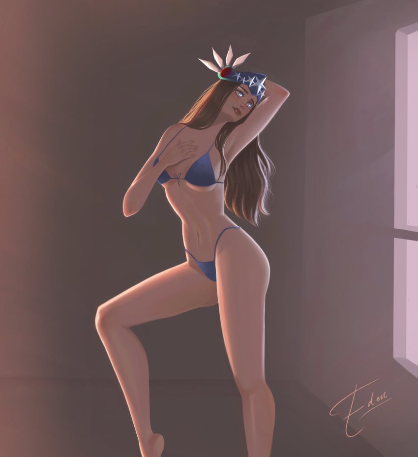 1girls armpit_up bikini blue_bikini blue_bra blue_eyes blue_panties breasts brown_hair crawllie fit_female lewd long_hair medium_breasts pale_skin roblox roblox_avatar robloxian standing stomach suggestive_pose tagme valkyrie_helm window_light