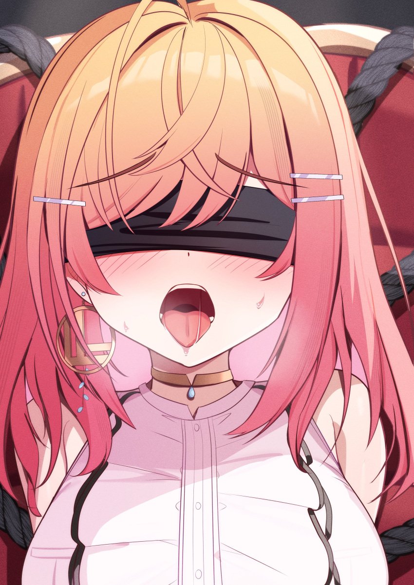 1girls akuame_(ring3922) bare_shoulders blindfold blindfolded blush bondage breasts clothed clothing earring female female_only femsub hair_ornament hairclips hololive hololive_dev_is hololive_japan hololive_regloss huge_breasts ichijou_ririka indoors light-skinned_female light_skin open_mouth orange_hair room solo virtual_youtuber