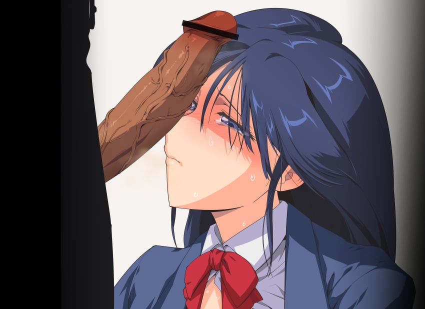 1boy 1girls 2022 absurd_res big_penis blue_eyes blue_hair blue_jacket blush bow bowtie censored clothing erection female fujiwara_aya glans highres jacket long_hair looking_away looking_down male matching_hair/eyes pants partial_male penis rape sakura_na_omiki school_uniform shirt super_real_mahjong super_real_mahjong_p5 sweat tearing_up tears uniform vein veiny_penis white_shirt