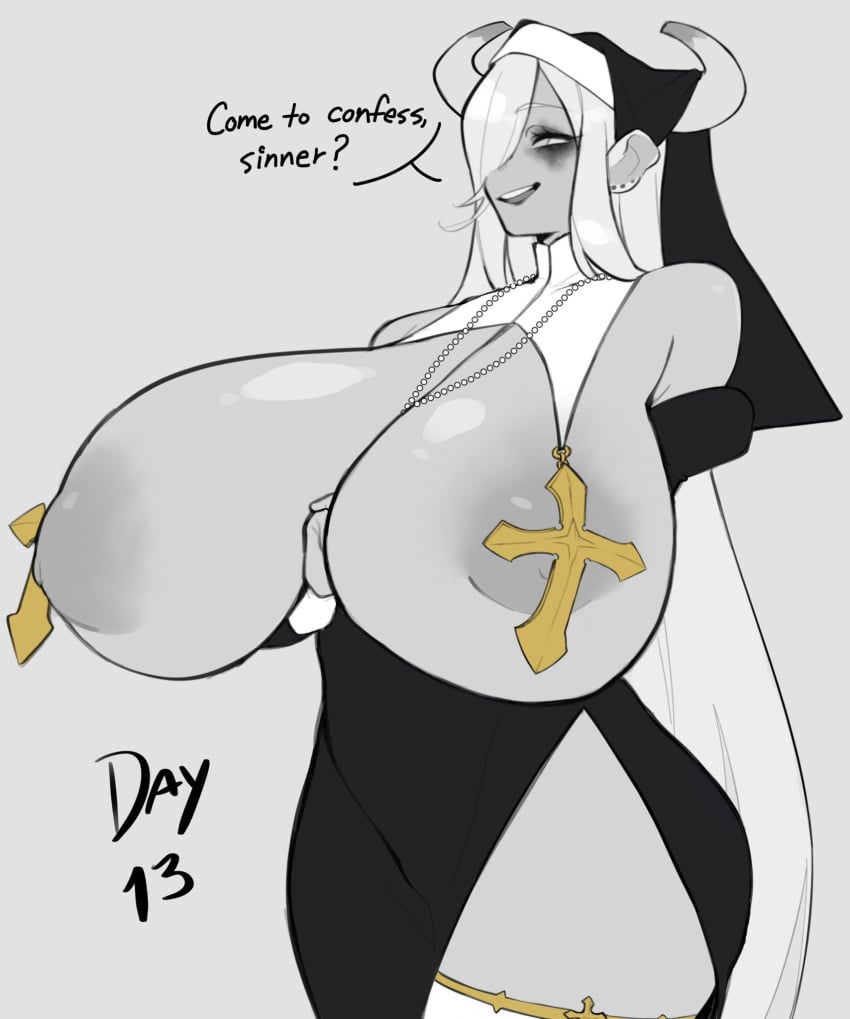 big_breasts breasts cow_horns huge_breasts nun nun's_habit nun_outfit ushiji