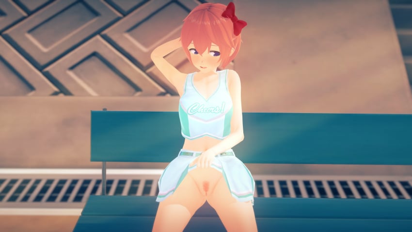 3d cheerleader doki_doki_literature_club ecxreaper embarrassed flashing_pussy human human_only light-skinned_female light_skin sayori_(doki_doki_literature_club) showing_off showing_pussy sitting skirt skirt_lift skirt_up