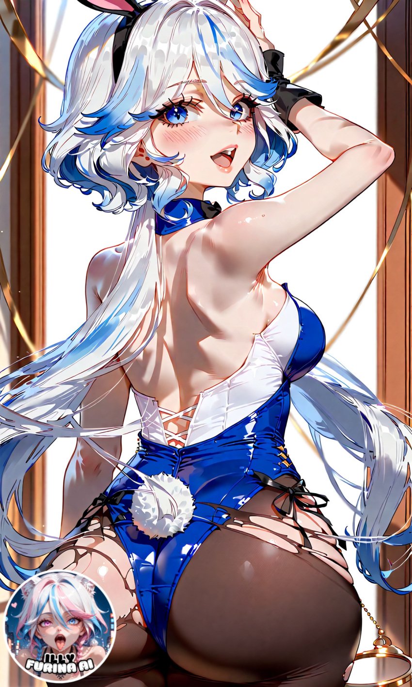 ai_generated armpit armpit_fetish armpits arms_up arms_up_over_head arms_up_pose ass bangs bangs_between_eyes bangs_over_eyes big_ass big_breasts big_butt blue_eyes blue_hair breasts bunny_ears bunny_tail bunnysuit covered_nipples covering_breasts flushed flushed_face from_behind from_behind_position furina_(genshin_impact) genshin_impact huge_breasts illyfurina latex latex_suit long_hair looking_at_viewer looking_down looking_down_at_viewer milf_body pale-skinned_female pale_skin pixai playboy_bunny seducing seduction seductive seductive_body seductive_eyes seductive_gaze seductive_look seductive_mouth seductive_pose socks stable_diffusion thighs waifu waifu_diffusion waist watermark white_hair