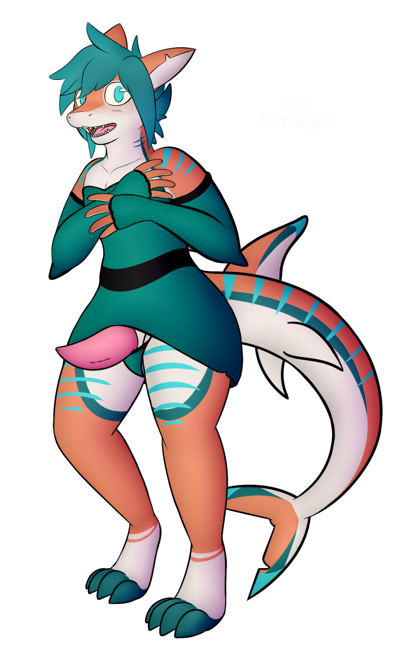 2018 alpha_channel anthro arm_warmers armwear blue_eyes blush clothed clothing colin_(anonymous3355) erection firebadger fish girly hair hi_res looking_at_viewer male marine open_mouth penis rock shark simple_background solo transparent_background