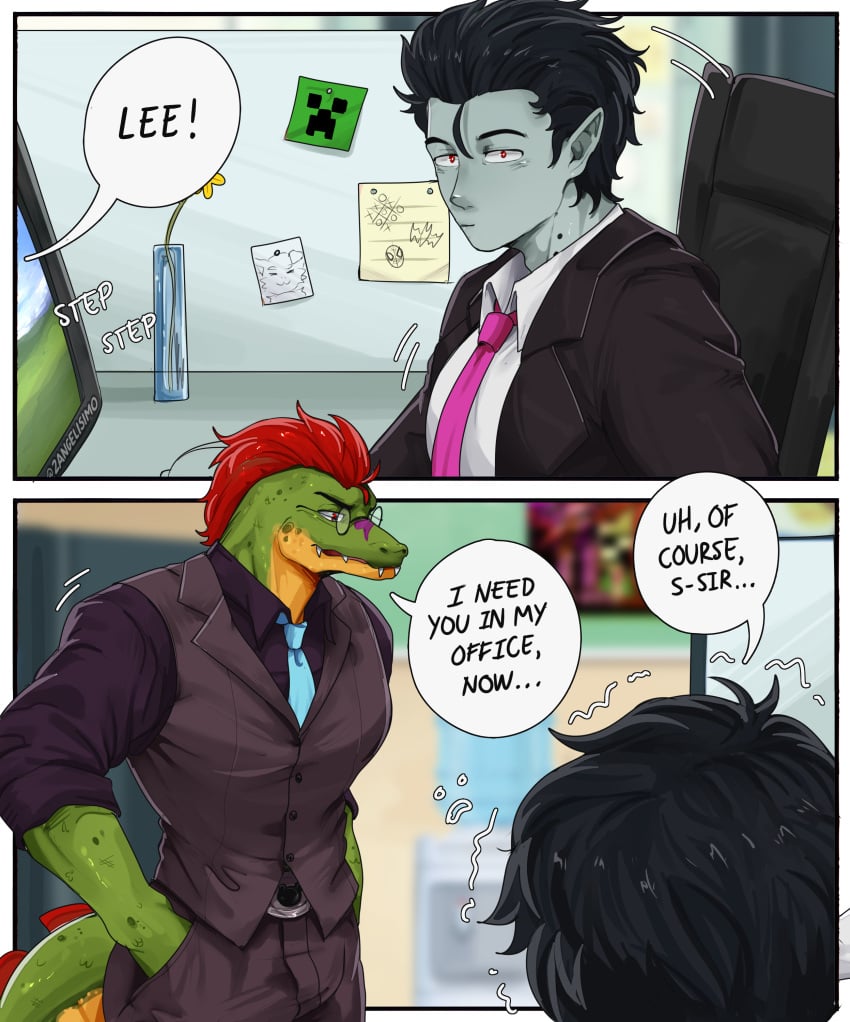 2angelisimo clothed interspecies male male/male montgomery_gator_(fnaf) muscular no_visible_genitalia non-human oc office snout