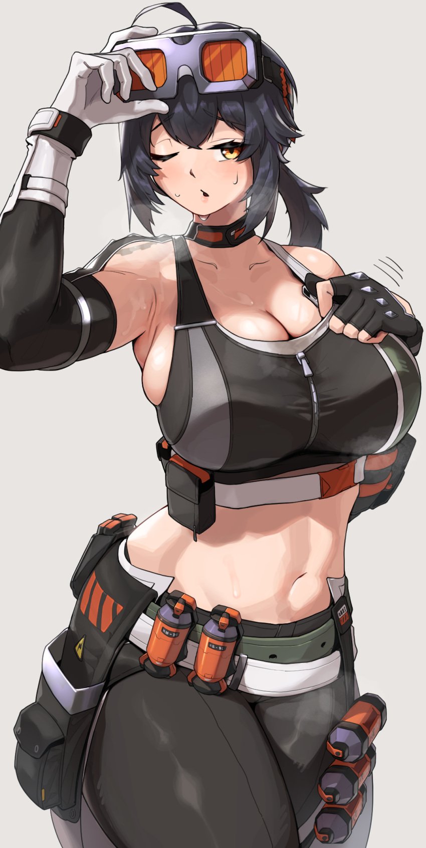 ahoge arm_pouch arm_up arm_warmers armpits asymmetrical_gloves bare_shoulders belt black_choker black_gloves black_hair black_pants black_sports_bra breasts buckle cape choker cleavage collarbone commentary_request cowboy_shot explosive female fingerless_gloves gloves goggles goggles_on_head grace_howard grenade grey_belt hair_between_eyes hand_on_goggles highres large_breasts long_hair looking_at_viewer midriff mismatched_gloves monoi_daru navel one_eye_closed orange_eyes pants parted_lips ponytail sidelocks simple_background single_fingerless_glove snap-fit_buckle solo sports_bra standing steaming_body sweat underbust waist_cape white_background white_cape white_gloves zenless_zone_zero zipper zipper_pull_tab