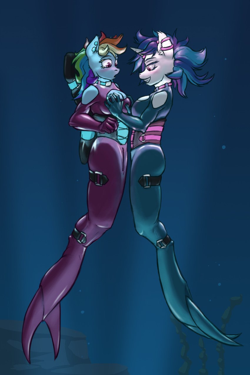 2014 2:3 2girls alternate_species anthro anthrofied armwear blush breast_grab breasts cleavage cleavage_cutout clothed clothing cutout duo ear_piercing elbow_gloves equid equine european_mythology female female/female fish friendship_is_magic gloves greek_mythology grin hair hand_on_breast handwear hasbro hi_res hippocampus horn krd krd_(oc) latex mammal marine merfolk my_little_pony mythological_creature mythological_equine mythology open_mouth piercing rainbow_dash_(mlp) ring smile split_form underwater unicorn vinyl_scratch_(mlp) water