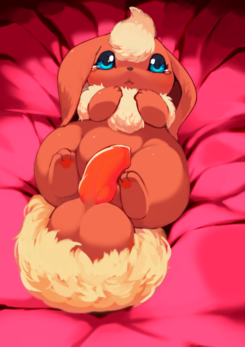 1boy 3_toes absurd_res bed bedding big_testicles black_nose blue_eyes chest_tuft chubby ears_down eeveelution feet feral flareon fluffy fluffy_tail fur furry hi_res huge_testicles long_ears lying male male_only nintendo nude on_back on_bed pawpads paws penis pokémon_(species) pokemon pokemon_rgby red_fur red_pawpads red_penis snout solo tan_fur tears testicles thick_thighs toes tuft video_games wide_hips xmu