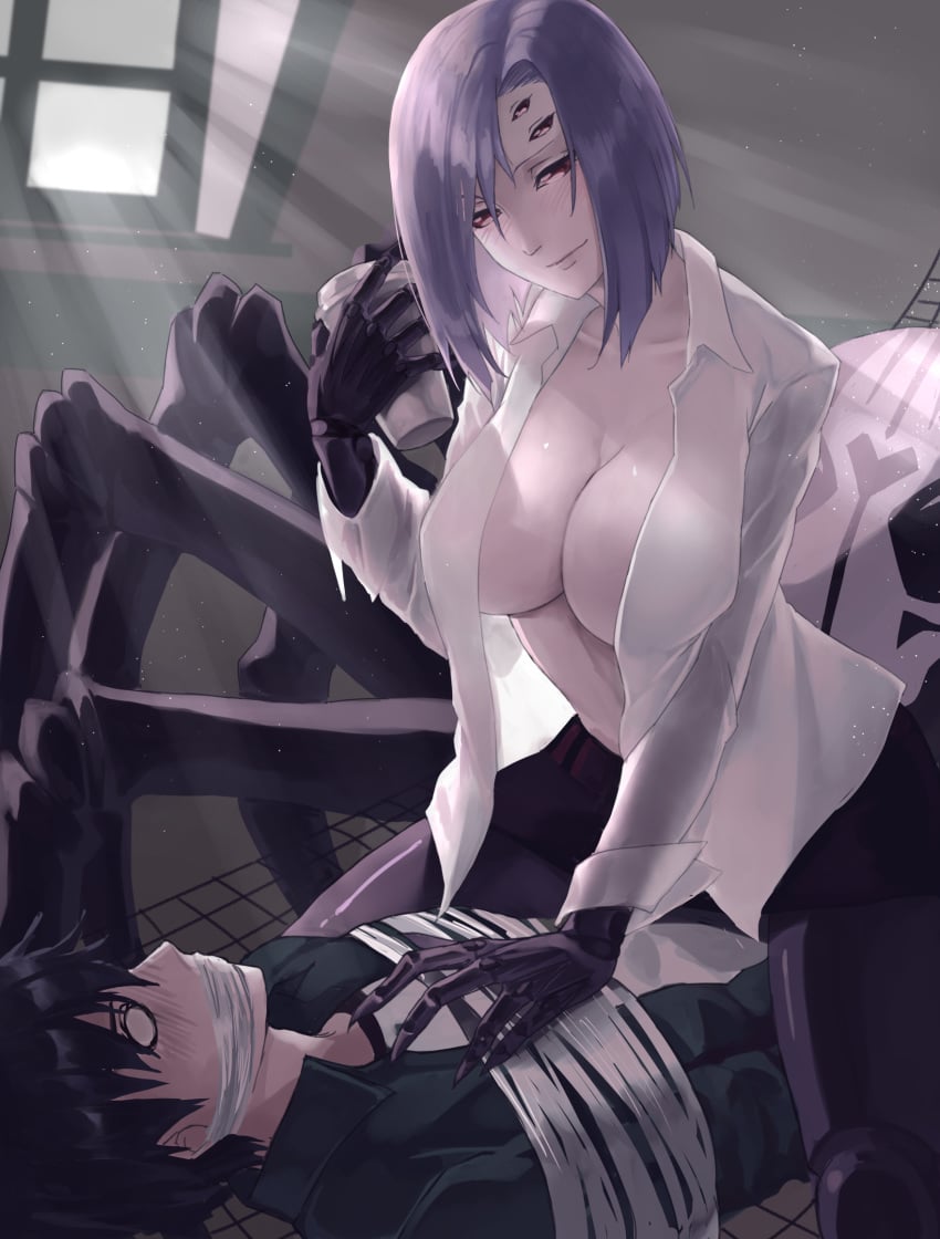 1boy 1girls arachnid arachnid_humanoid black_hair bondage bound breasts button_shirt clothing coffee cowgirl_position drunk female female_focus female_on_top femdom gag gagged human human_on_humanoid humanoid kemonomimi kimihito_kurusu male male_human/female_humanoid male_human/female_monster malesub monster monster_girl monster_musume_no_iru_nichijou multi_eye rachnera_arachnera red_eyes restrained spider_humanoid spider_taur unbuttoned unbuttoned_shirt unknown_artist white_hair