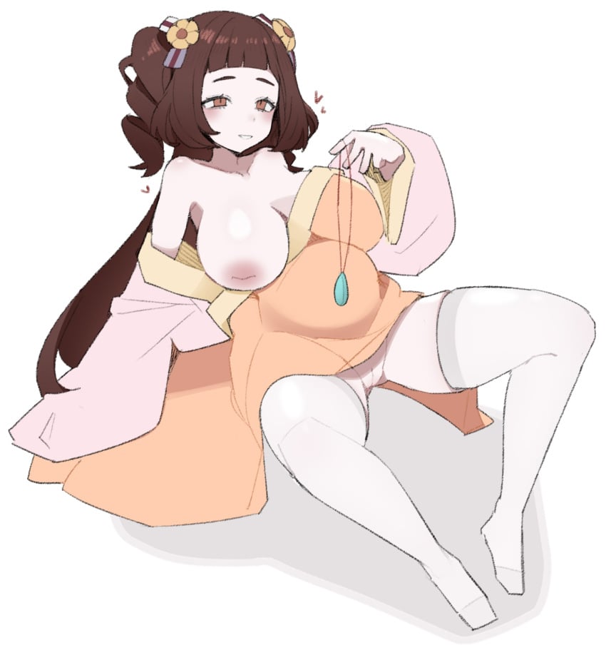 blush bow breasts brown_eyes brown_hair chinese_clothes drill_hair female flower hair_flower hair_ornament hairbow half-closed_eyes hanfu heart highres holding holding_jewelry holding_necklace inverted_nipples jade_(gemstone) jewelry large_breasts light_areolae limbus_company long_hair multiple_hair_bows necklace one_breast_out pregnant project_moon puffy_nipples pussy qixiong_ruqun short_bangs smile thighhighs twin_drills user_hzex7347 xue_baochai_(project_moon) yellow_flower