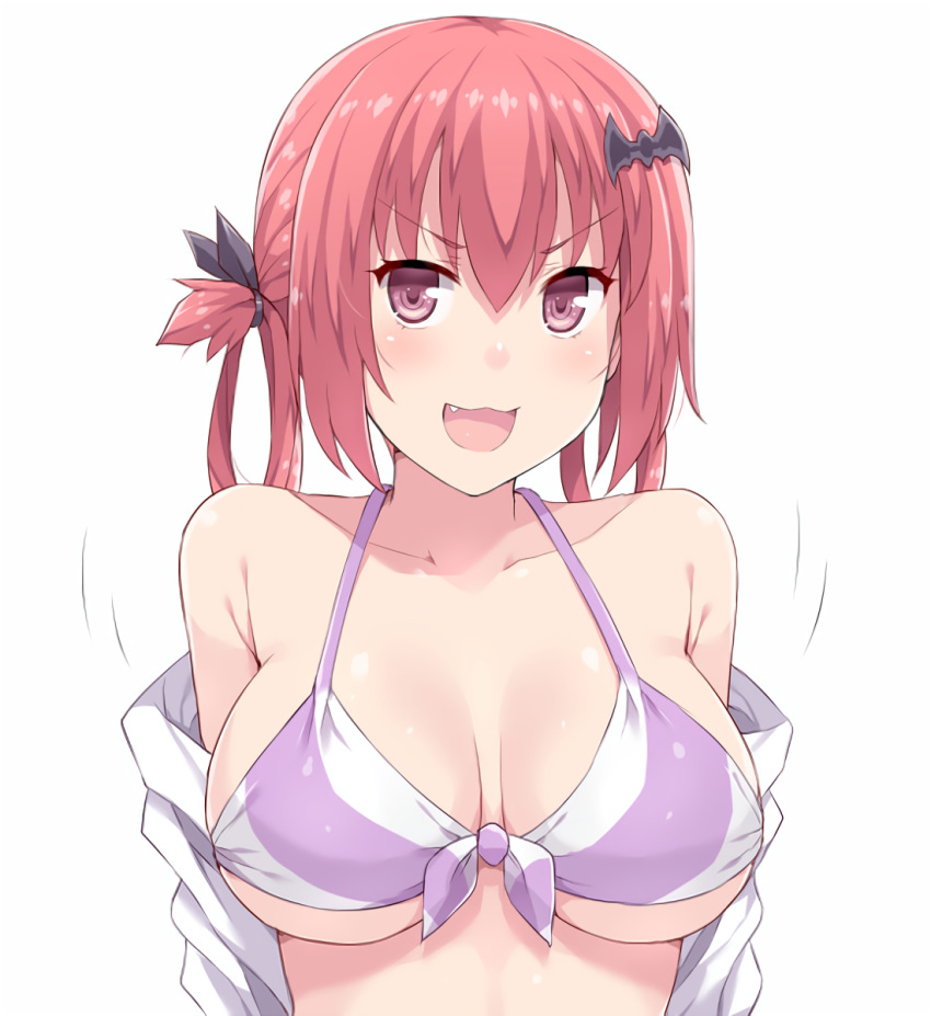 1girls alternate_breast_size bare_shoulders bat_hair_ornament big_breasts bikini bikini_top blush blushing breasts busty cleavage clothing collarbone eyelashes fang female female_only fully_clothed gabriel_dropout hair_ornament hair_rings hasu_(hk_works) highres huge_breasts kurumizawa_satanichia_mcdowell large_breasts looking_at_viewer open_mouth pink_eyes red_hair sexually_suggestive short_hair sidelocks smile smiling solo swimsuit tongue underboob undressing upper_body upscaled v-shaped_eyebrows voluptuous white_background