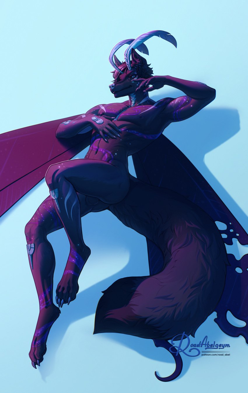 4_toes 5_fingers abs absurd_res antennae_(anatomy) anthro areola arthropod balls biped black_hair black_pawpads black_sclera blue_eyes blue_nose canid canine claws cosmic_fur digitigrade feet finger_claws fingers fluffy fluffy_tail genitals glowing glowing_markings hair hi_res hindpaw hybrid insect_wings insects lepidopteran lepidopteran_wings looking_at_viewer male male_anthro mammal markings moth nails nipples nude pawpads paws pinup pose road~abelgeym simple_background solo tail toe_claws toes wings