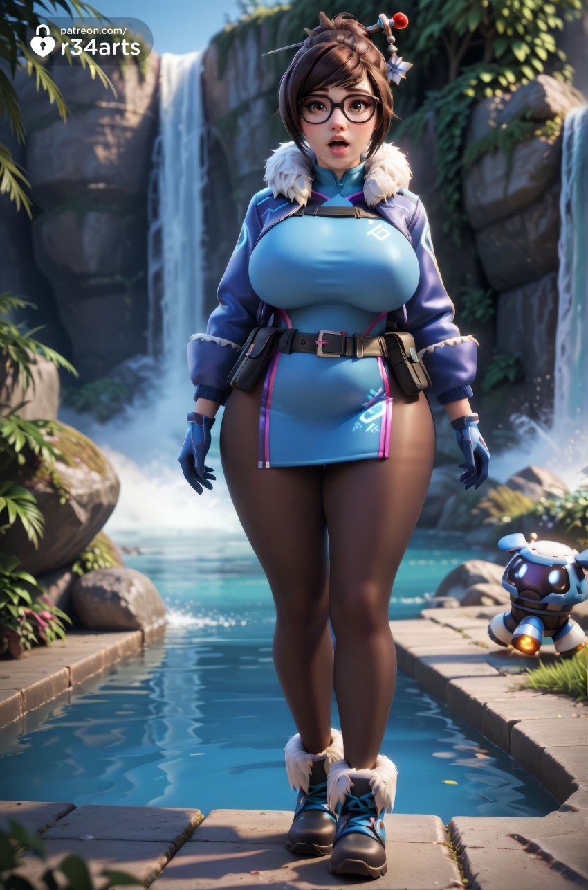 1girls ai_generated artist_name belt belt_pouch black-framed_eyewear blizzard_entertainment blue_dress blue_gloves boots breasts brown_eyes brown_hair china_dress chinese_clothes coat curvy day dress drone female full_body fur-trimmed_jacket fur_trim glasses gloves hair_bun hair_ornament hair_stick hi_res jacket large_breasts legs_together lips looking_at_viewer mei_(overwatch) nose open_clothes open_mouth outdoors overwatch overwatch_2 pantyhose pelvic_curtain pouch r34arts robot short_hair single_hair_bun solo standing swept_bangs thick_lips thick_thighs thighs utility_belt water wide_hips