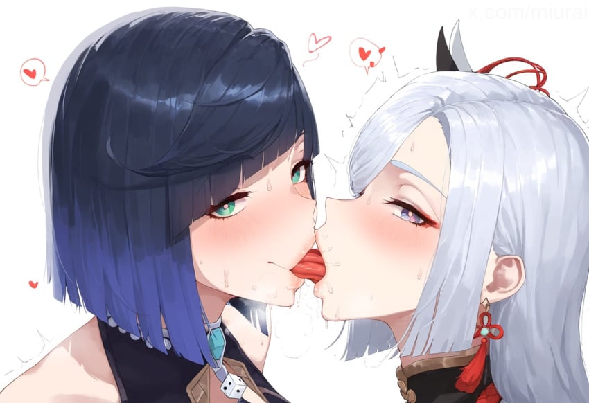2girls ai_generated bare_shoulders blue_eyes blue_hair blush bob_cut diagonal_bangs dice earrings female french_kiss genshin_impact green_eyes grey_hair hair_ornament hair_over_one_eye half-closed_eyes heart heart-shaped_pupils jewelry kissing long_hair looking_at_viewer makeup multicolored_hair multiple_girls mur_ai_nsfw portrait saliva shenhe_(genshin_impact) short_hair simple_background spoken_heart sweat symbol-shaped_pupils tassel tassel_earrings tongue tongue_out trembling white_background white_hair yelan_(genshin_impact) yuri
