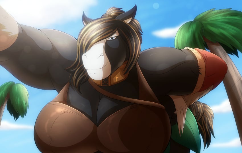 1girls amazonian bending_over bent_over biceps black_body black_fur black_hair blue_eyes breasts breasts_bigger_than_head day daytime digital_drawing_(artwork) digital_media_(artwork) female female_focus female_only furry furry_female hi_res horse horse_ears horse_girl horse_tail jadis_(robthehoopedchipmunk) large_breasts looking_at_viewer muscular muscular_anthro muscular_female muscular_furry non-human palm_tree pleasure_face robthehoopedchipmunk short_hair sky smile smiling_at_viewer