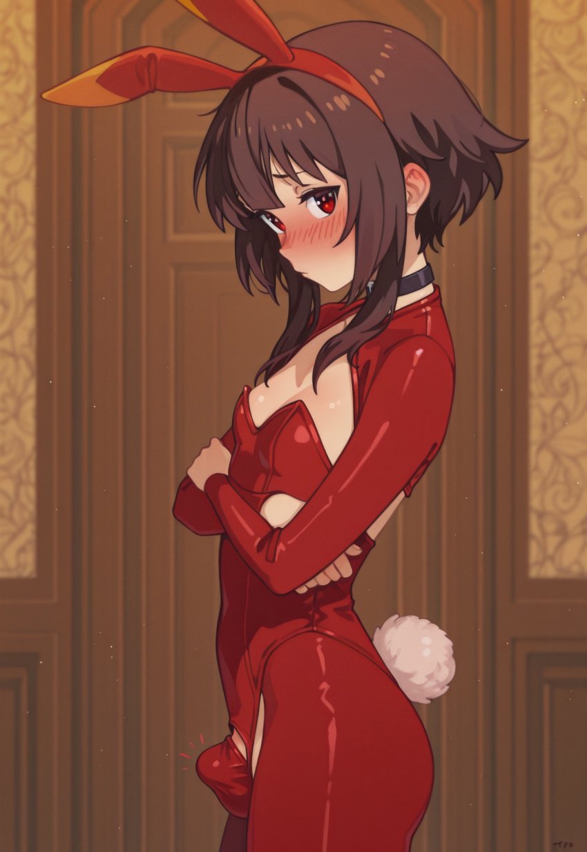 1futa ai_generated blush bunny_ears bunny_tail bunnysuit crossed_arms crotch_bulge futanari jouthechou kono_subarashii_sekai_ni_shukufuku_wo! long_sleeves megumin playboy_bunny shy side_view