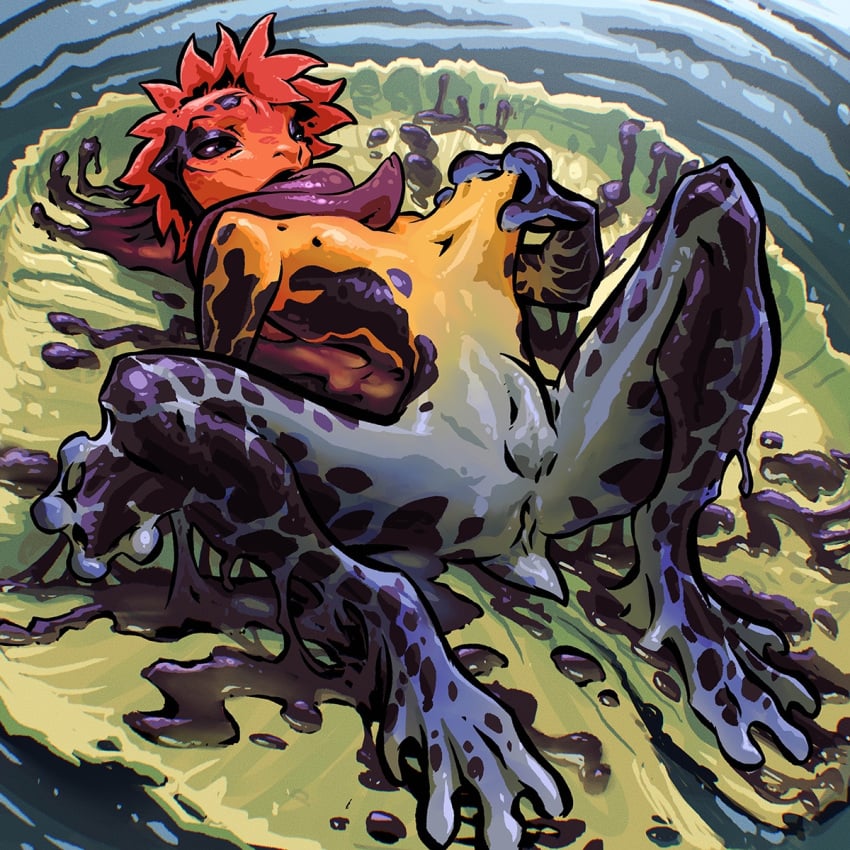 amphibian amphibian_humanoid animal_humanoid anus black_eyes bulge detailed_background detailed_bulge digital_media_(artwork) feet frog frog_humanoid genital_outline goo_transformation hi_res humanoid lily_pad long_tongue lying male maxspite membrane_(anatomy) multicolored_body on_back penis_outline plant poison_dart_frog short_tail slime solo species_transformation tail toes tongue tongue_out tongue_wrap transformation water webbed_feet