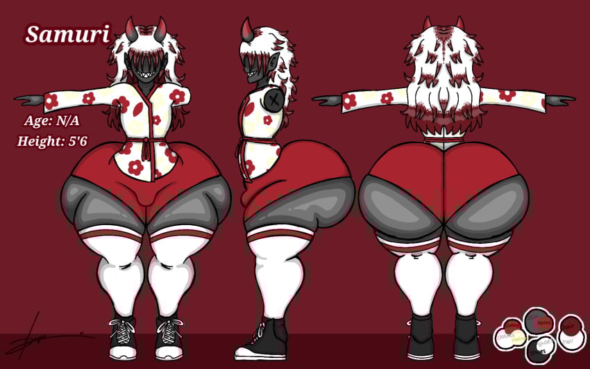 big_ass black_skin booty_shorts demon doopie enormous_ass grin gym_shorts horns huge_ass imp kimono oc original_character red_hair reference_sheet samuri_(stoopiedoopie) sharp_teeth sneakers tagme thighhighs two_tone_hair white_hair