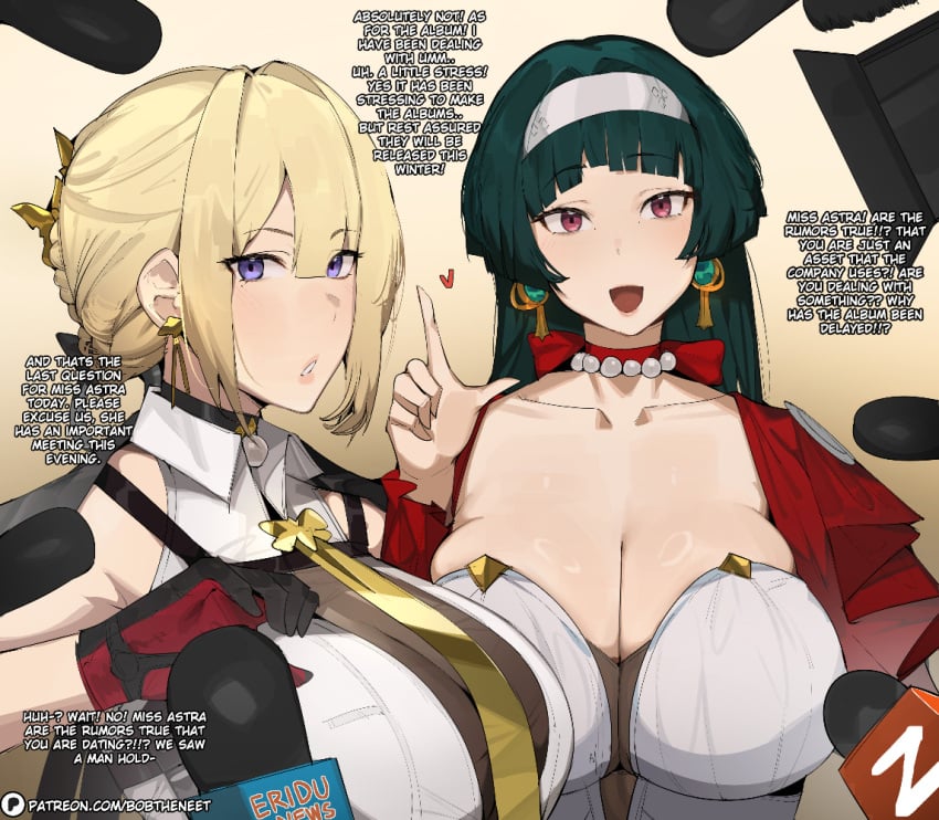 2girls astra_yao bead_necklace beads black_hair blonde_hair bobtheneet braid braided_bun breasts camera cleavage earrings elijahzx english_text evelyn_chevalier hair_bun hair_ornament hairband huge_breasts interview jacket jackets jewelry large_breasts long_hair microphone multiple_girls necklace necktie paid_reward_available patreon_username purple_eyes red_eyes red_jacket shirt sleeveless sleeveless_shirt talking uneven_bangs white_hairband white_shirt yellow_necktie zenless_zone_zero