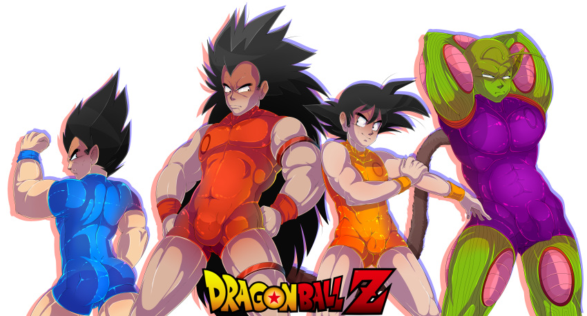 4boys absurd_res alien ass balls biceps black_hair blush brothers bubble_butt bulge clothed clothing dragon_ball dragon_ball_z english_text enookie flaccid hair hi_res humanoid long_hair male male_only muscular muscular_male namekian pecs penis piccolo raditz saiyan son_goku text vegeta