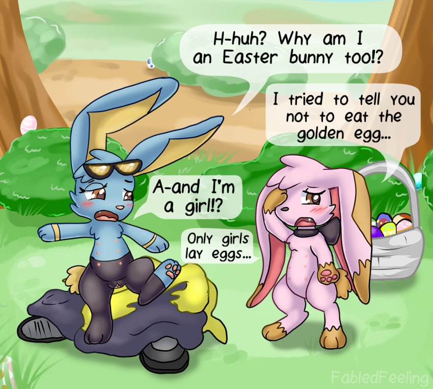 2019 6_nipples after_transformation artist_name averting_eyes basket black_body blue_body bow_collar brown_eyes brown_markings clothing_on_ground colored container dialogue duo easter easter_bunny easter_egg egg english_text eyewear female feral front_view generation_4_pokemon genitals gloves_(marking) grass handpaw holidays hybrid jaki-kun_(character) lagomorph leg_markings leporid lohli_(lohlite) lohlite looking_at_another mammal markings mostly_nude multi_nipple nintendo nipples open_mouth outside pants_(marking) paws pink_body plant pokemon pokemon_(species) pussy rabbit semi-anthro shinx shrub socks_(marking) speech_bubble standing story story_in_description sunglasses text three-quarter_view tree yellow_markings