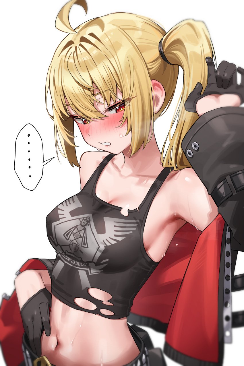 ... absurdres ahoge black_gloves black_jacket black_tank_top blonde_hair breasts collarbone female gloves green_tea_(matchaistasty) high_side_ponytail highres jacket luciana_de_montefio medium_breasts navel no_headwear off_shoulder parted_lips red_eyes shirt simple_background solo spoken_ellipsis stomach sweat tank_top torn_clothes torn_shirt upper_body white_background zenless_zone_zero