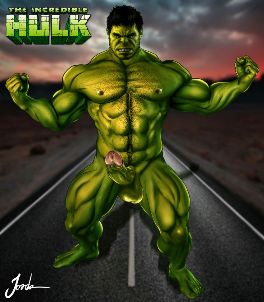 abs angry black_hair blue_eyes body_hair erect_nipples erection fight_boner flex green_penis green_skin hairy_chest hulk hulk_(series) jorden_arts male male_only marvel muscles muscular muscular_male nude outdoors penis pinup poster six_pack solo superhero title_drop