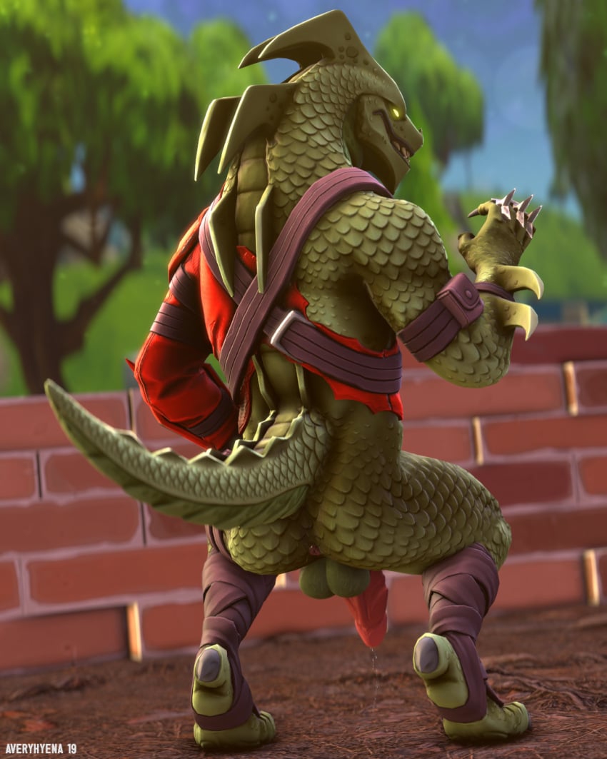 1boy 3d anthro anus ass averyhyena balls dragon flaccid fortnite hybrid_(fortnite) male male_only mammal partially_clothed penis ripped_clothing scalie solo tagme video_games