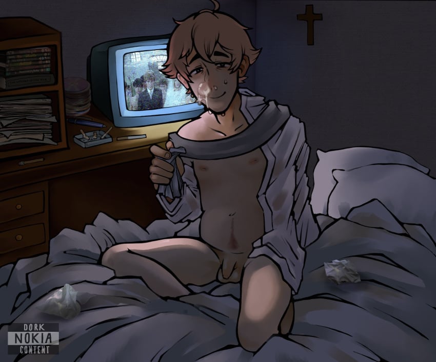 bed cross dork_nokia gay happy_trail loser neet nice_cock_bro oc original_character religious_symbols robe_only skinny slightly_chubby small_penis snot solo_male watching_tv